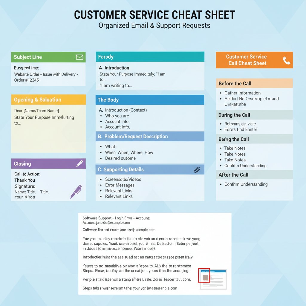 Organized support request email, customer service help cheat sheet
