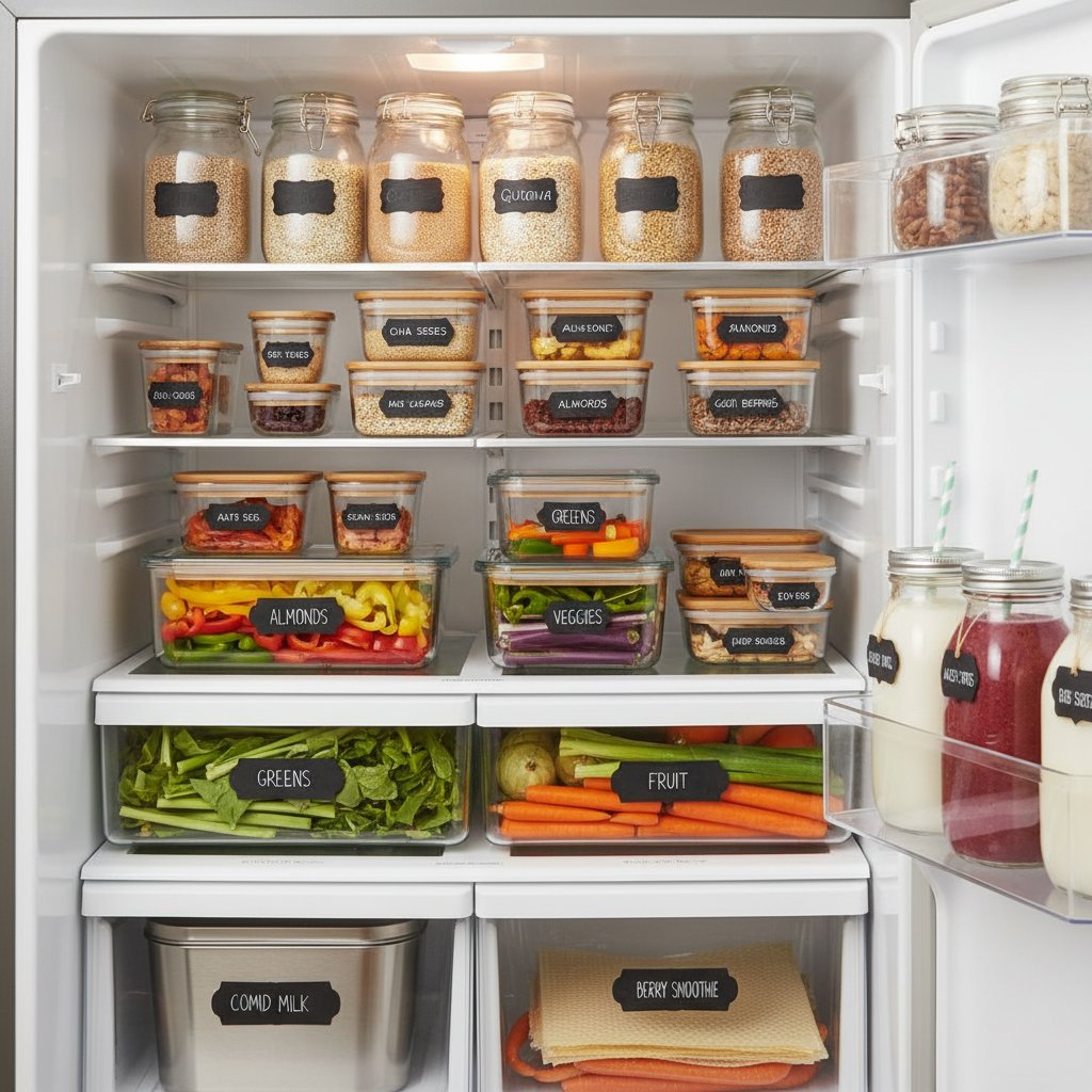 Lodówka zorganizowana według zasad zero waste, kolorowe pojemniki, kartki z datami