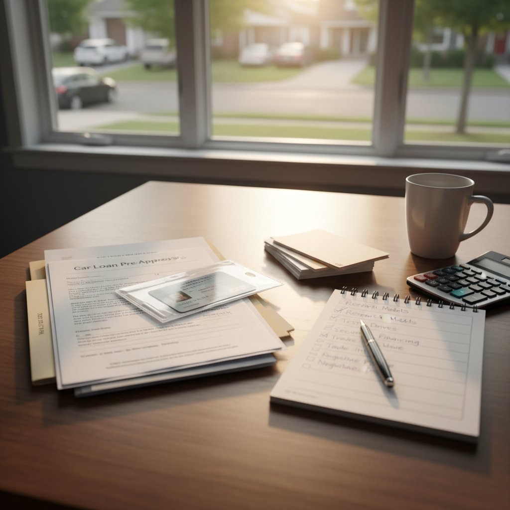 Organized paperwork and ID on kitchen table, morning light, cup of coffee, paperwork for car buying tips for no credit buyers