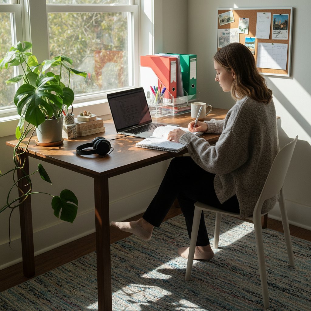 Nowoczesna, uporządkowana przestrzeń do nauki z rośliną i naturalnym światłem – efektywne środowisko nauki