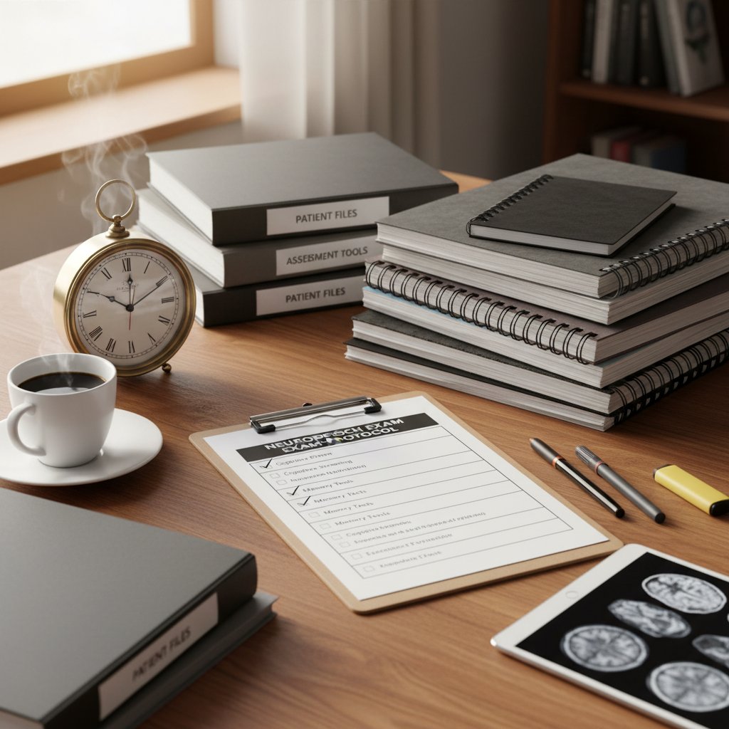 Zorganizowany stół z dokumentami, listą pytań, zegarem, kubkiem kawy przed badaniem neuropsychologicznym