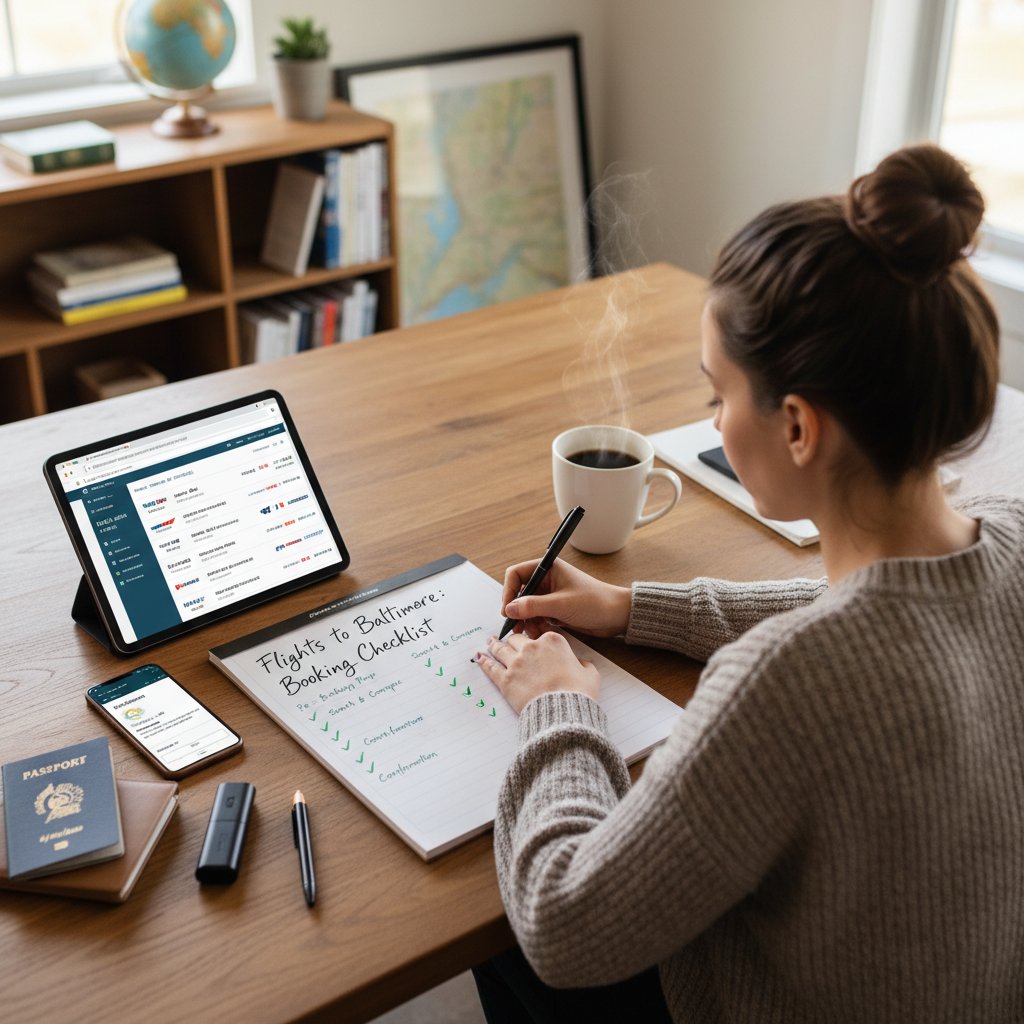 Photo of organized traveler at desk with laptop, coffee, and checklists, preparing to book a flight to Baltimore