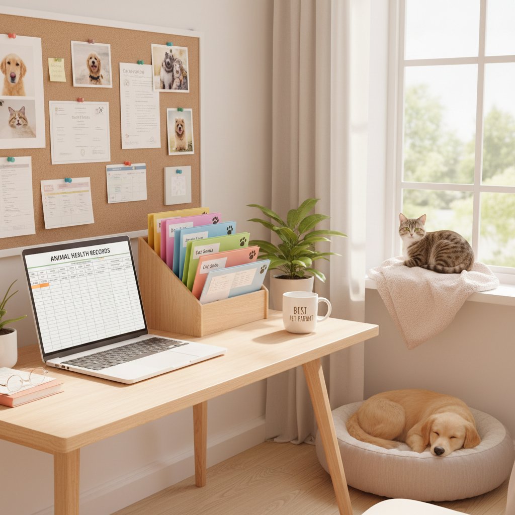 Przygotowanie do konsultacji weterynaryjnej online, właściciel analizuje dokumenty zdrowotne pupila