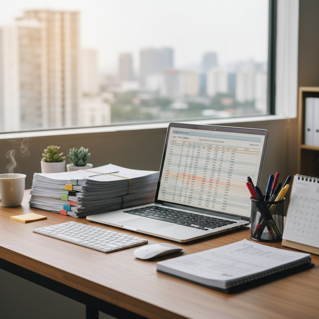 Organized workspace with tax documents and a laptop for precise tax calculation