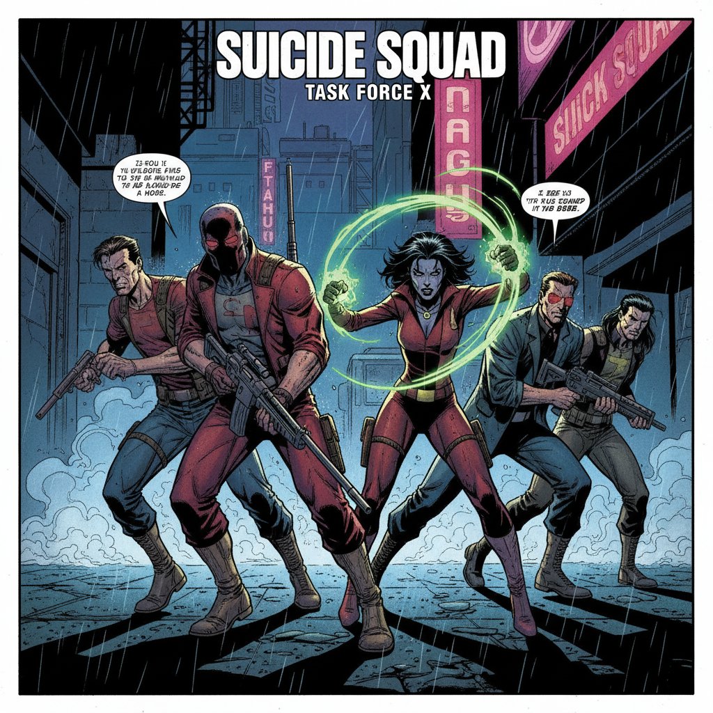 Original Suicide Squad comic cover with edgy lighting and retro superhero art, highlighting the franchise’s origins