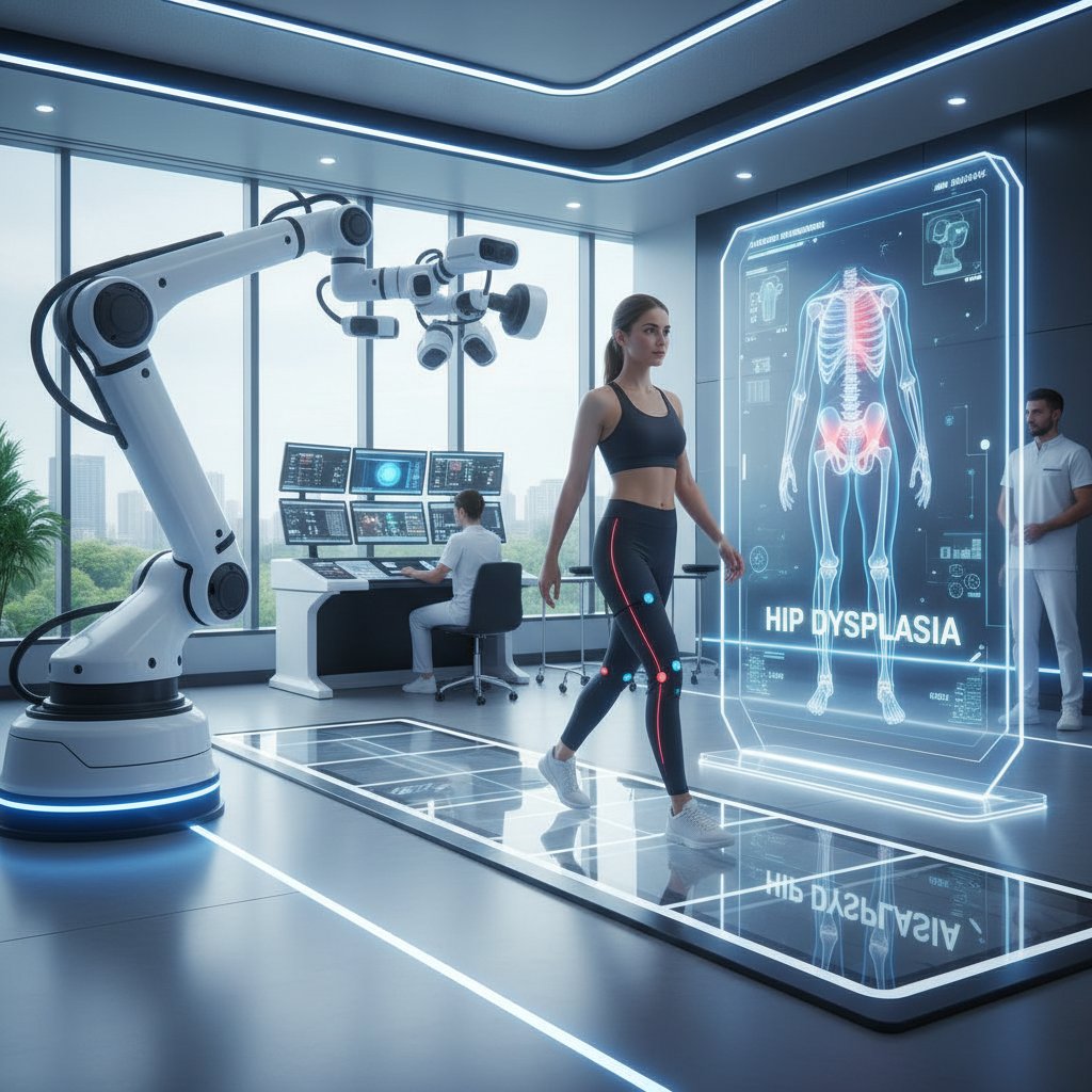 Nowoczesny gabinet ortopedyczny z robotycznym ramieniem do analizy chodu; słowa kluczowe: innowacje w diagnostyce, nowoczesna terapia biodra, robotyka w medycynie