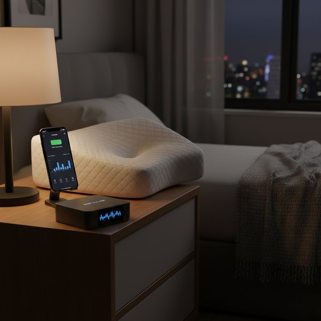 Poduszka ortopedyczna z sensorem i aplikacją AI, nowoczesna sypialnia, noc