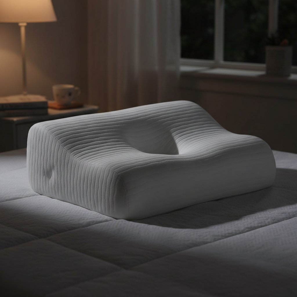 Poduszka ortopedyczna przekrojona na pół, pianka memory i nocna sypialnia