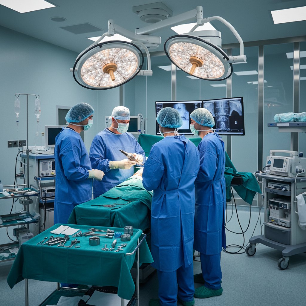 Chirurg i zespół anestezjologiczny podczas przygotowań do osteotomii na sali operacyjnej