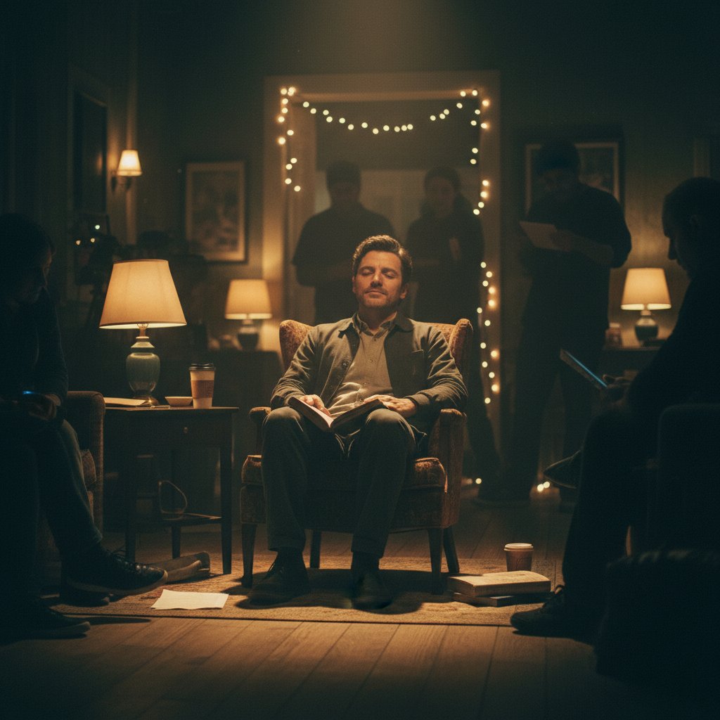 Oscar Isaac filming an indie movie, small set with intimate lighting