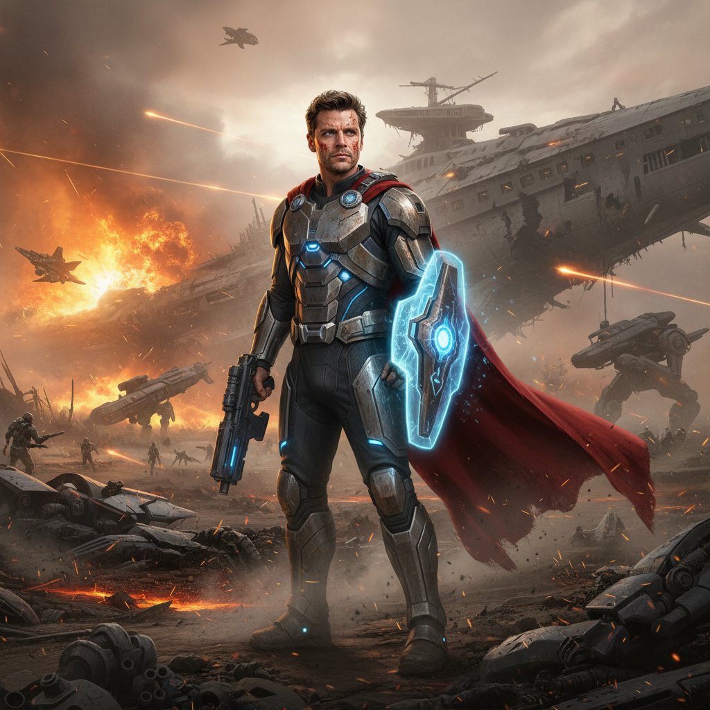 Oscar Isaac as a leader in a sci-fi epic, epic battlefield scene with dramatic lighting