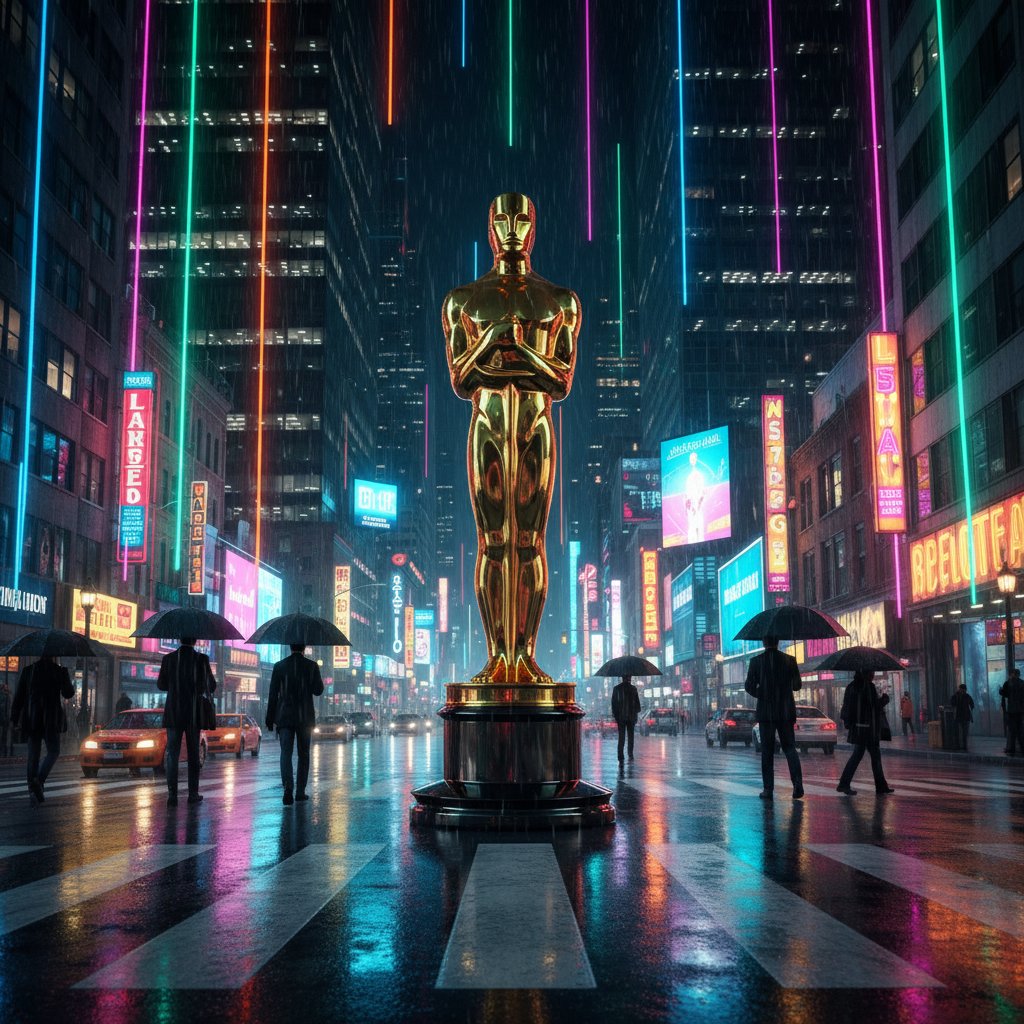 Oscar statuette on gritty city street with neon rain—symbolic of cultural friction