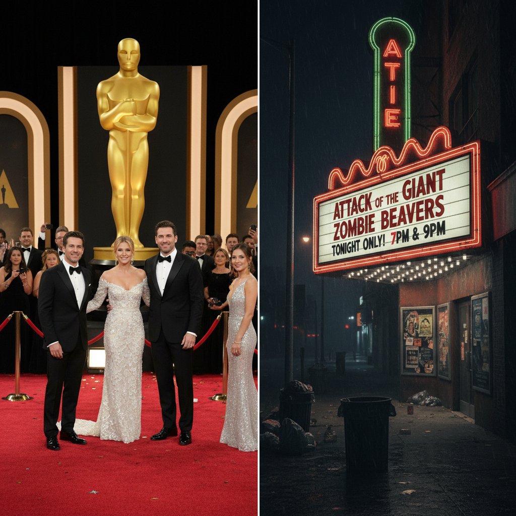 Oscars night next to a gritty B-movie marquee, split-screen shot