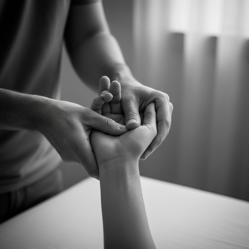 Czarno-biała fotografia ręki pacjenta trzymanej przez osteopatę, symbol wsparcia i zaufania