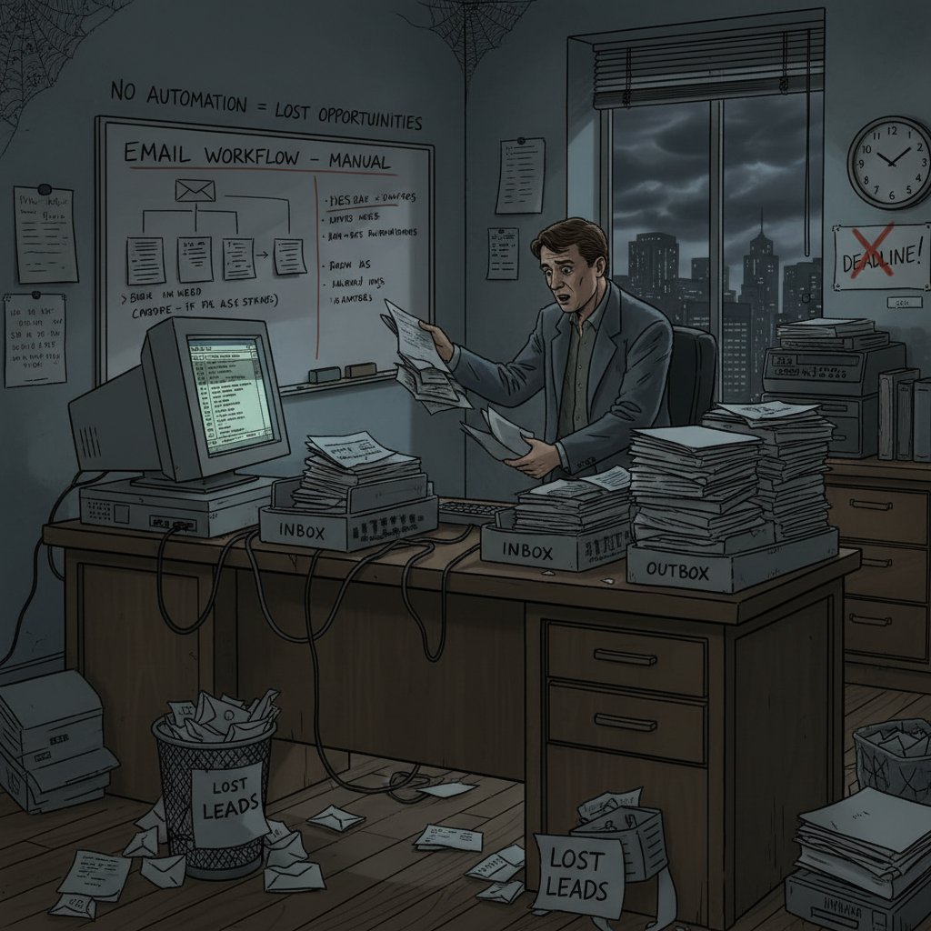 An outdated office setup where workers sift through piles of paper and emails, symbolizing the dangers of ignoring automation