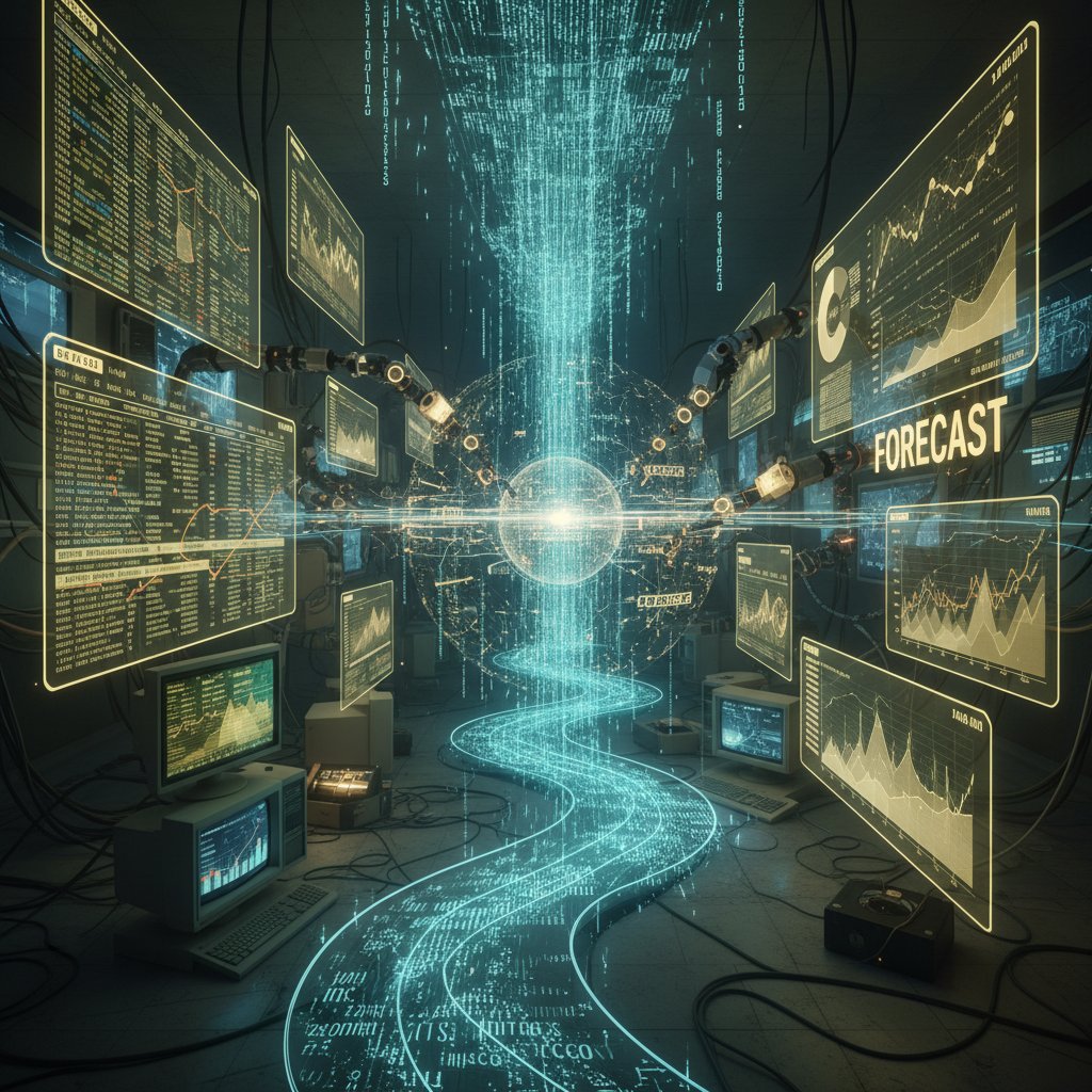Outdated spreadsheets replaced by digital code symbolizing automation in financial forecasting