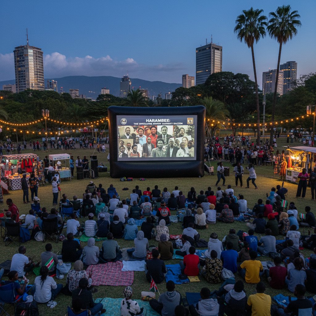 Outdoor film screening in Nairobi, diverse audience watching African anti-racism movie