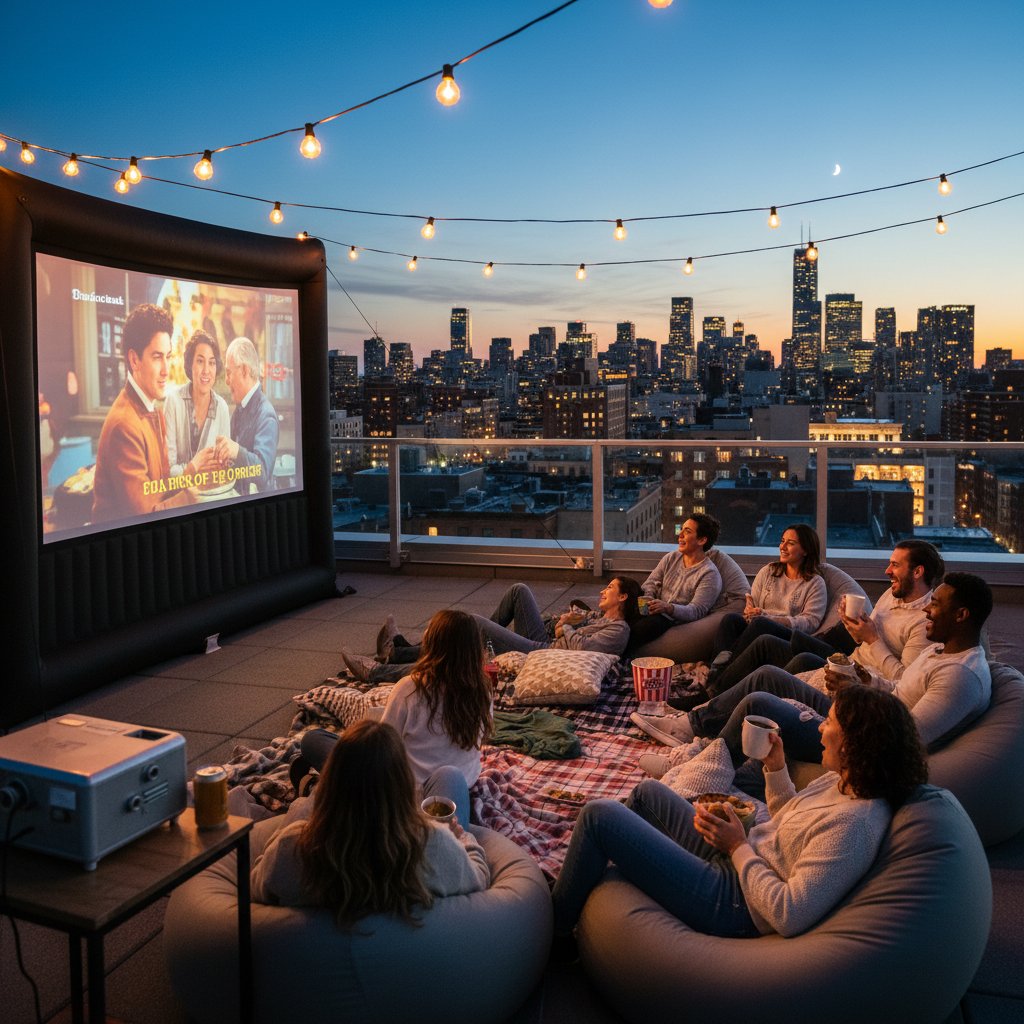 Group enjoying an outdoor movie night on rooftop, city lights in background