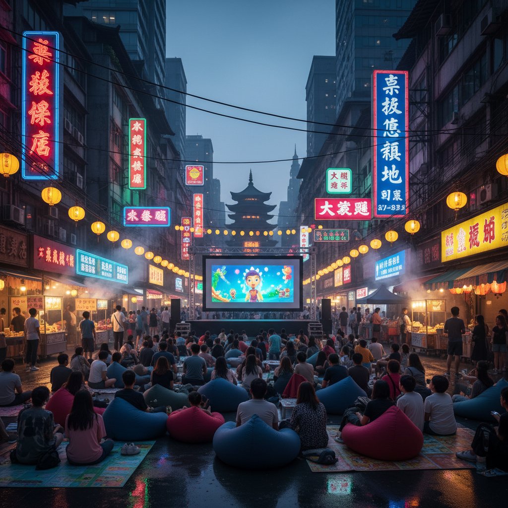 Outdoor screening in a bustling Asian city, neon lights, diverse crowd