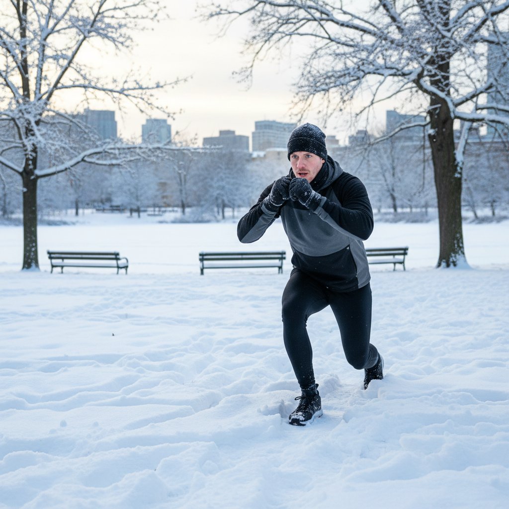 Trening na zewnątrz zimą w Polsce, sportowiec opatulony
