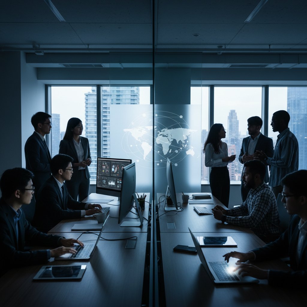 Outsourced analyst team at work, cross-cultural, high-contrast, 16:9