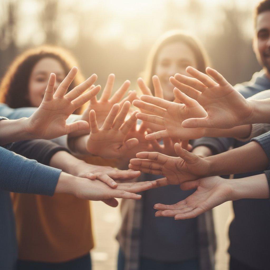 Ręce osób o różnorodnych kolorach skóry wyciągnięte do wspólnego działania, miękkie światło, nadzieja i solidarność