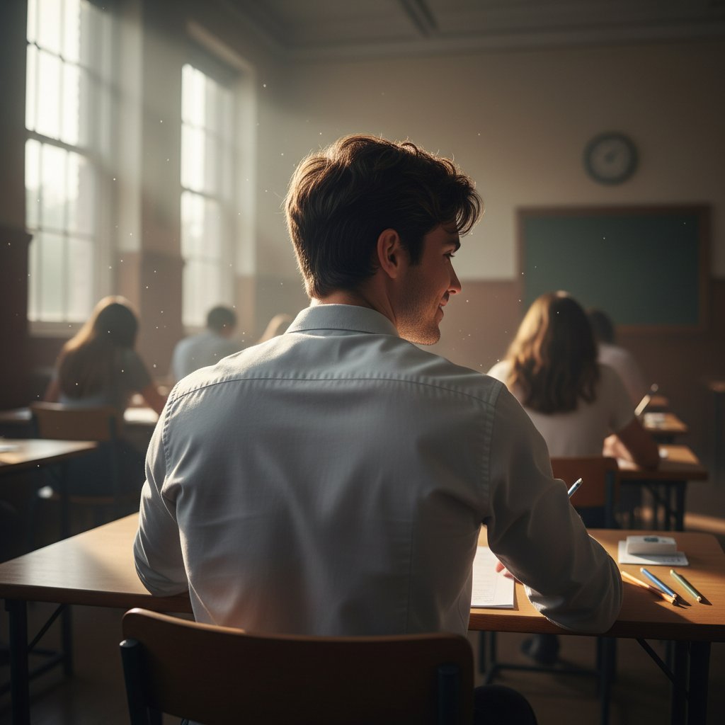 Pewny siebie maturzysta wchodzi na salę egzaminacyjną, światło, determinacja, spokój