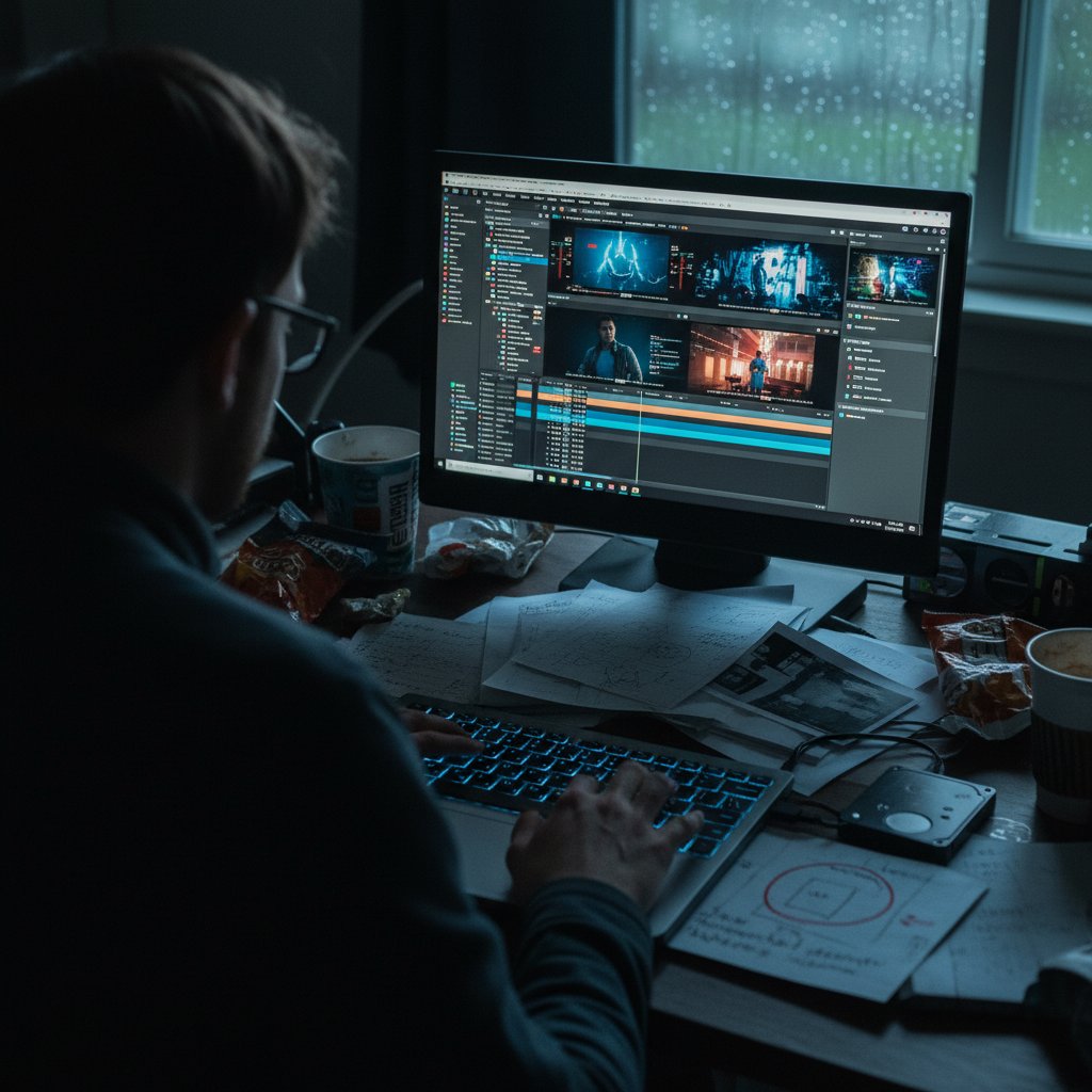 Close-up of a movie fan editing footage on a laptop, showing the craft and dedication behind high-quality movie fan cuts