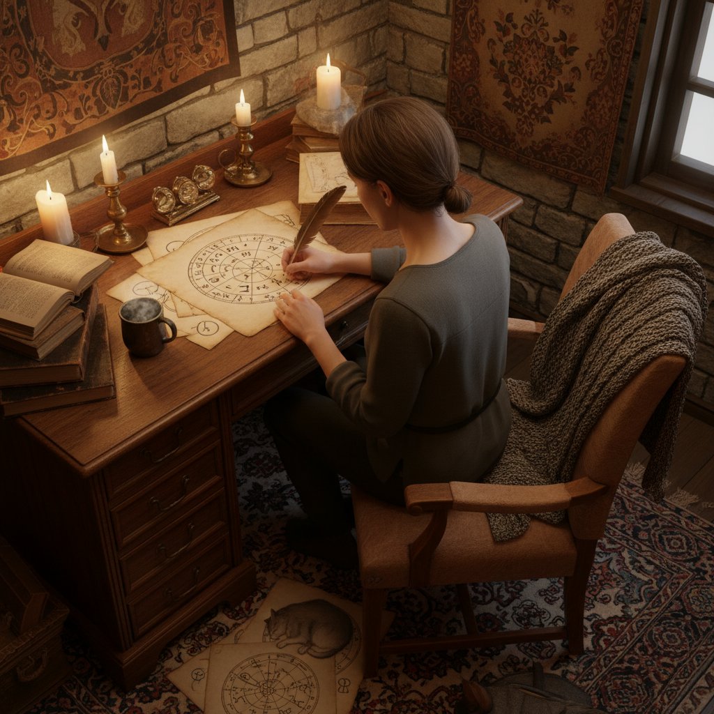 Osoba analizuje własny wykres urodzeniowy przy świecach, praca nad sobą i satysfakcja