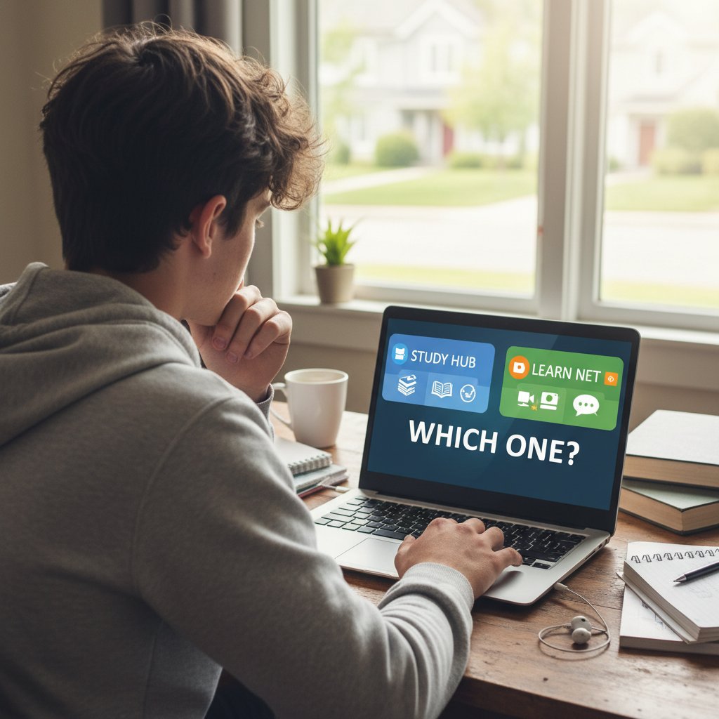 Uczeń porównuje platformy korepetycji online na laptopie, widok zza ramienia, kilka otwartych kart, moment wyboru