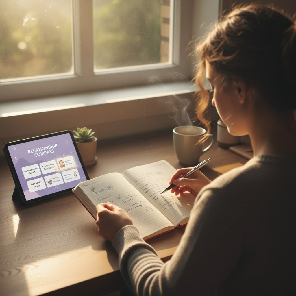 Over-the-shoulder shot of someone journaling app insights by a window, morning light, user reflecting on relationship advice from an app