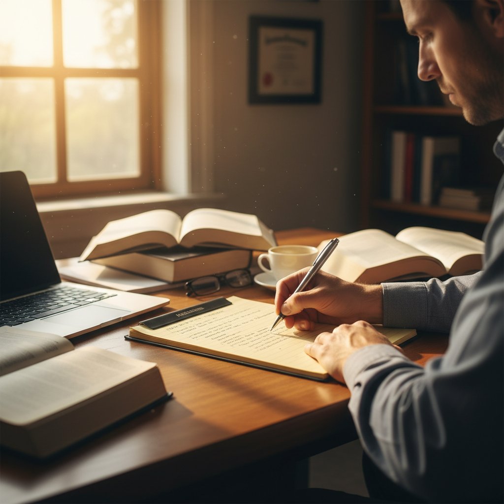 Osoba robiąca notatki przed rozmową prawną, poranne światło