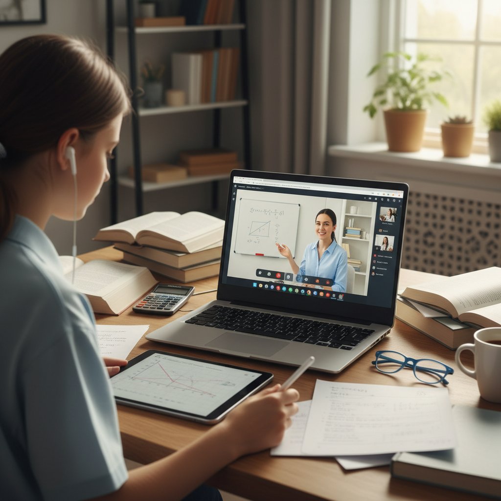 Ujęcie zza ramienia ucznia przygotowującego stanowisko do lekcji matematyki online