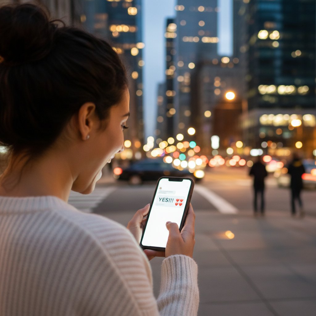 Kobieta czyta poruszającą wiadomość na telefonie – autentyczna reakcja na romantyczny tekst