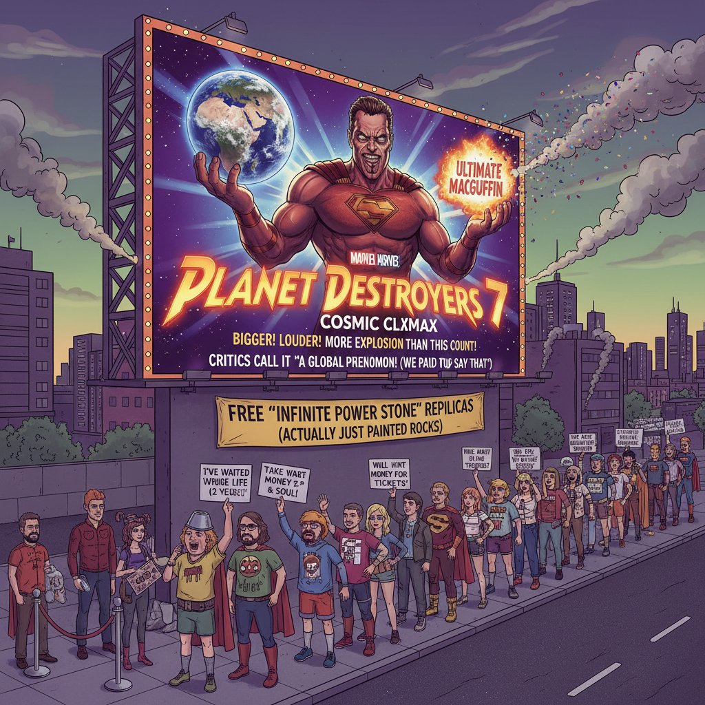 Over-the-top movie marketing billboard with fans lining up, satire of anniversary edition movies hype cycles