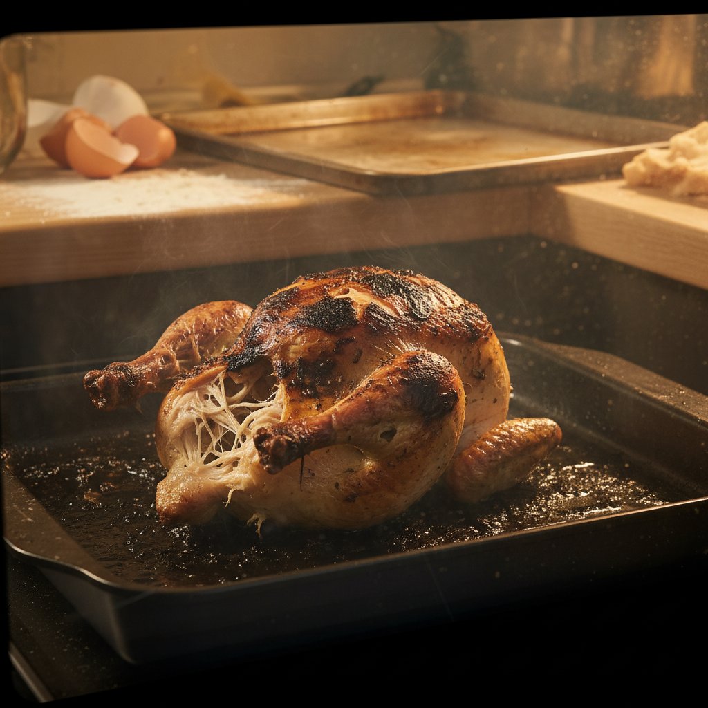 Wyjęty z piekarnika kurczak, zbyt przypieczony i suchy