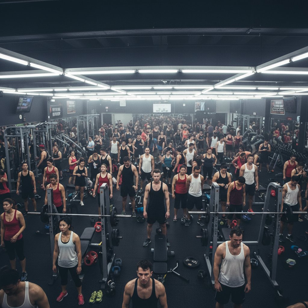 Przeludniona siłownia, zmęczeni ćwiczący
