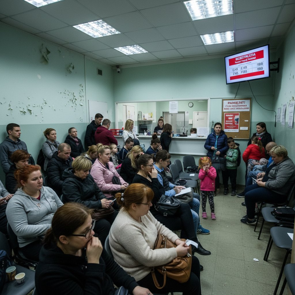 Przepełniona poczekalnia polskiej przychodni – napięta atmosfera, pacjenci w różnym wieku, słowa kluczowe: artrozy, statystyki