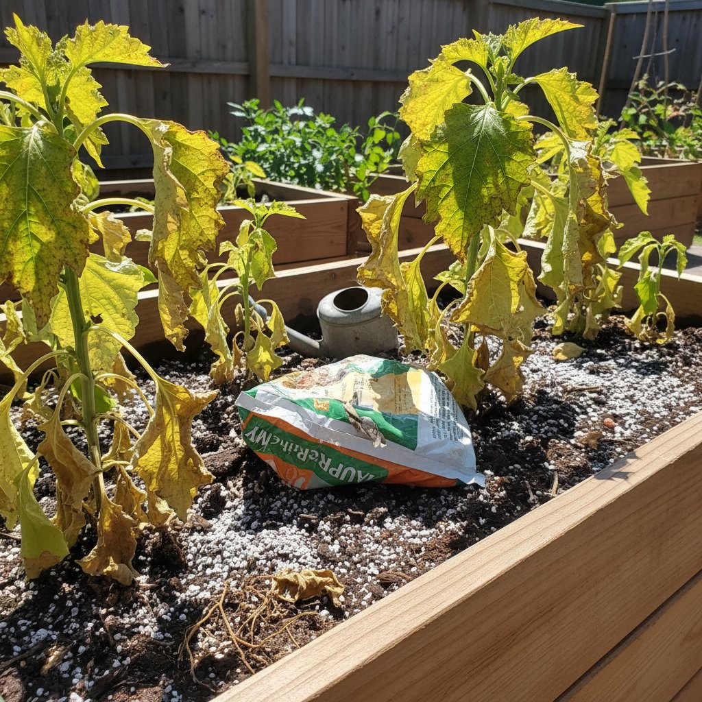 Przekarmione rośliny ogrodowe z objawami zasychania liści