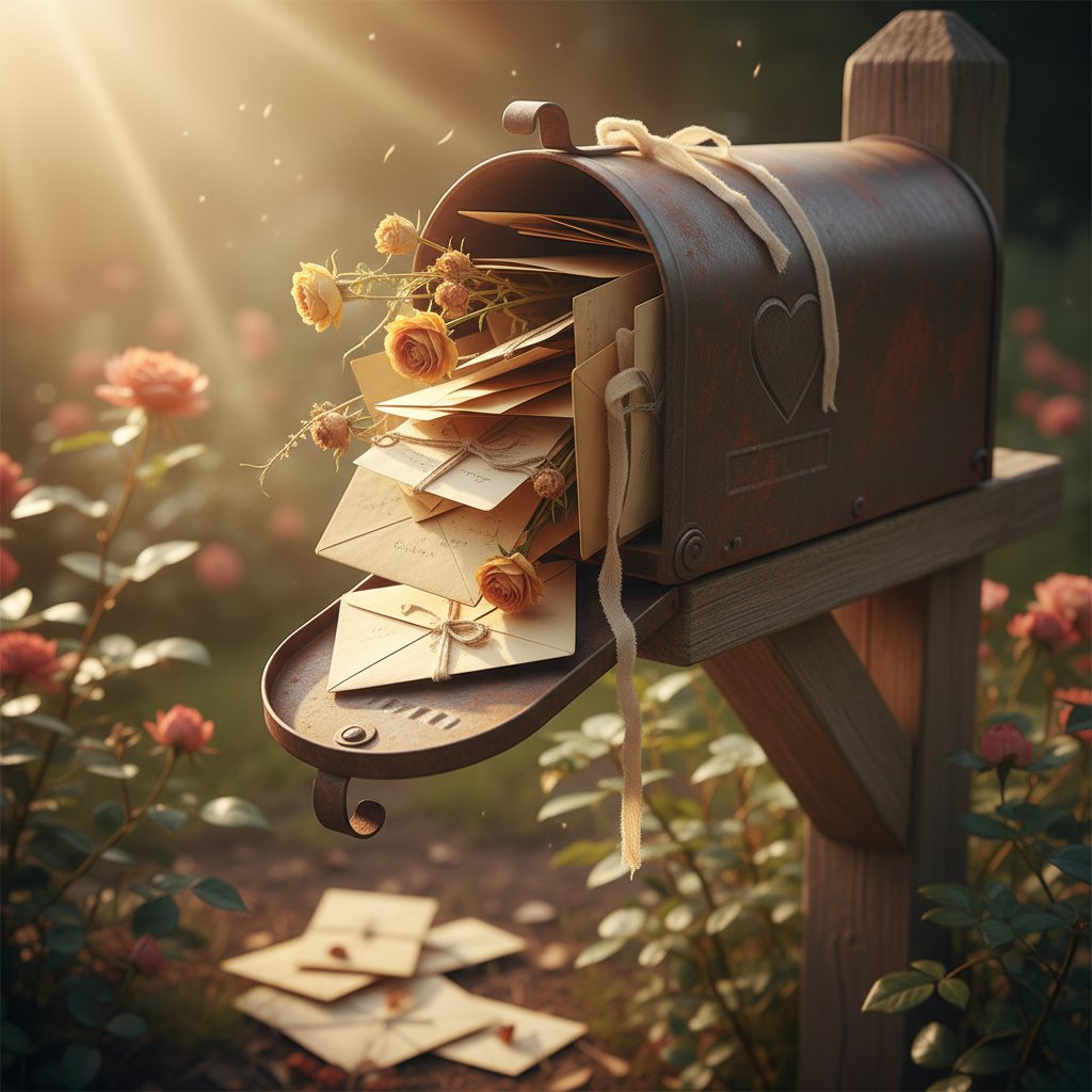 Overfilled mailbox with love letters, sunlight streaming in