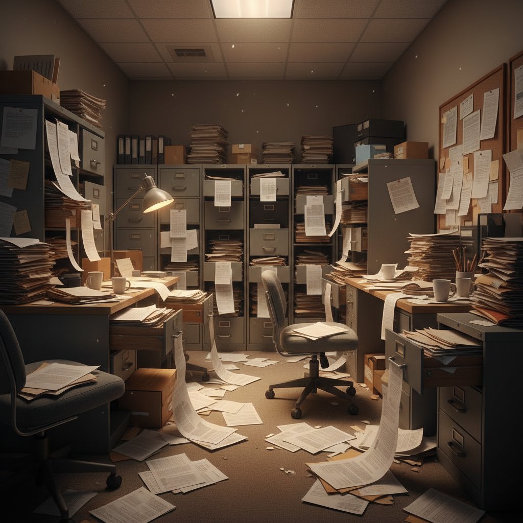 Overflowing file cabinets with papers spilling onto the floor in a chaotic, dimly lit office, symbolizing inefficiency in document management