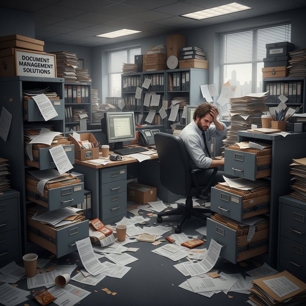 Overflowing filing cabinets and chaotic paper documents in a stressed office, depicting the dangers of outdated document management systems