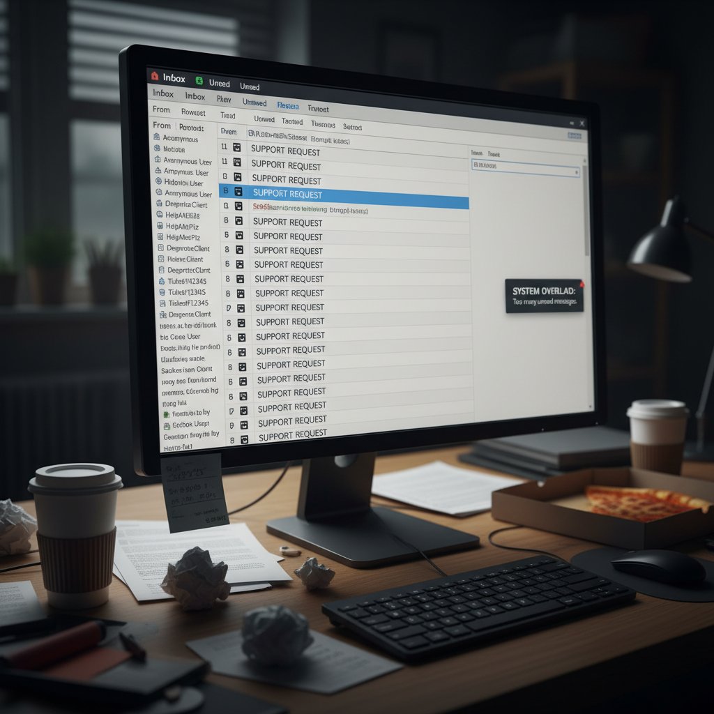 Overflowing email inbox illustrating support demand, digital mailbox packed with unread support requests and alerts