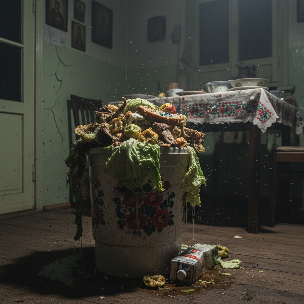 Przepełniony kosz z resztkami jedzenia w polskiej kuchni, wywołujący poczucie winy