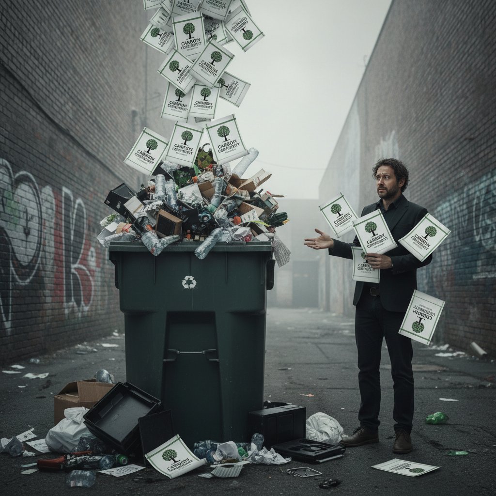 Overflowing recycling bin with carbon credits certificates symbolizing confusion about carbon neutrality
