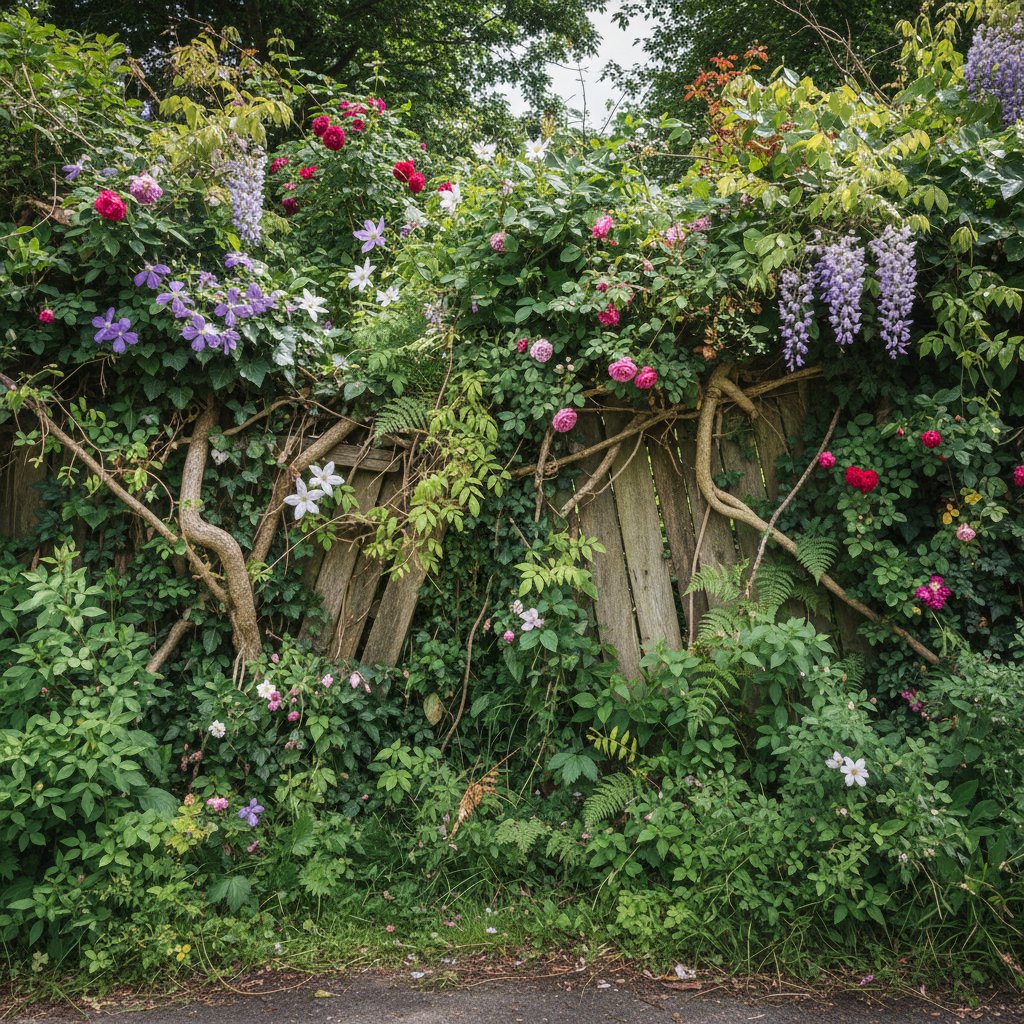 Zarośnięty płot z gęstymi pnączami – rzeczywistość szybkiego wzrostu
