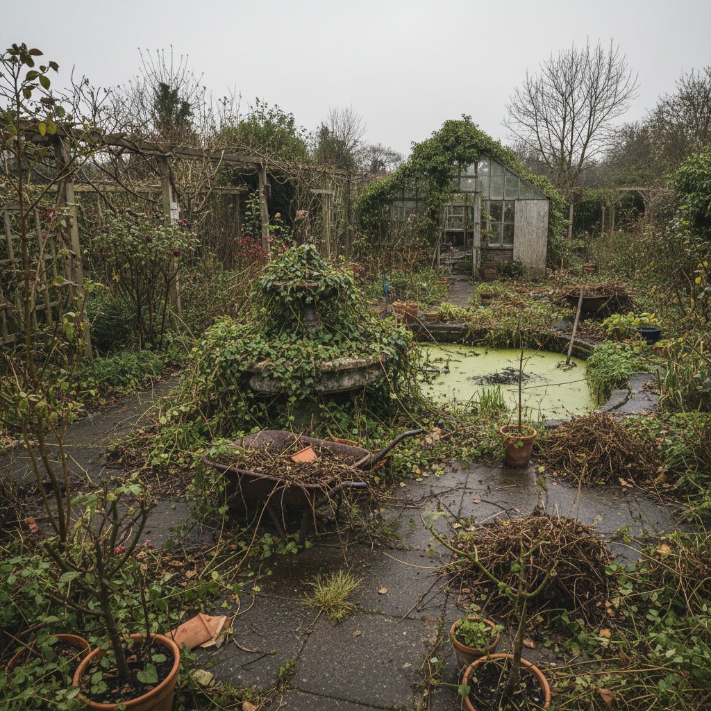 Zdewastowany ogród, dominacja chwastów, widoczne zaniedbania i zniszczenia