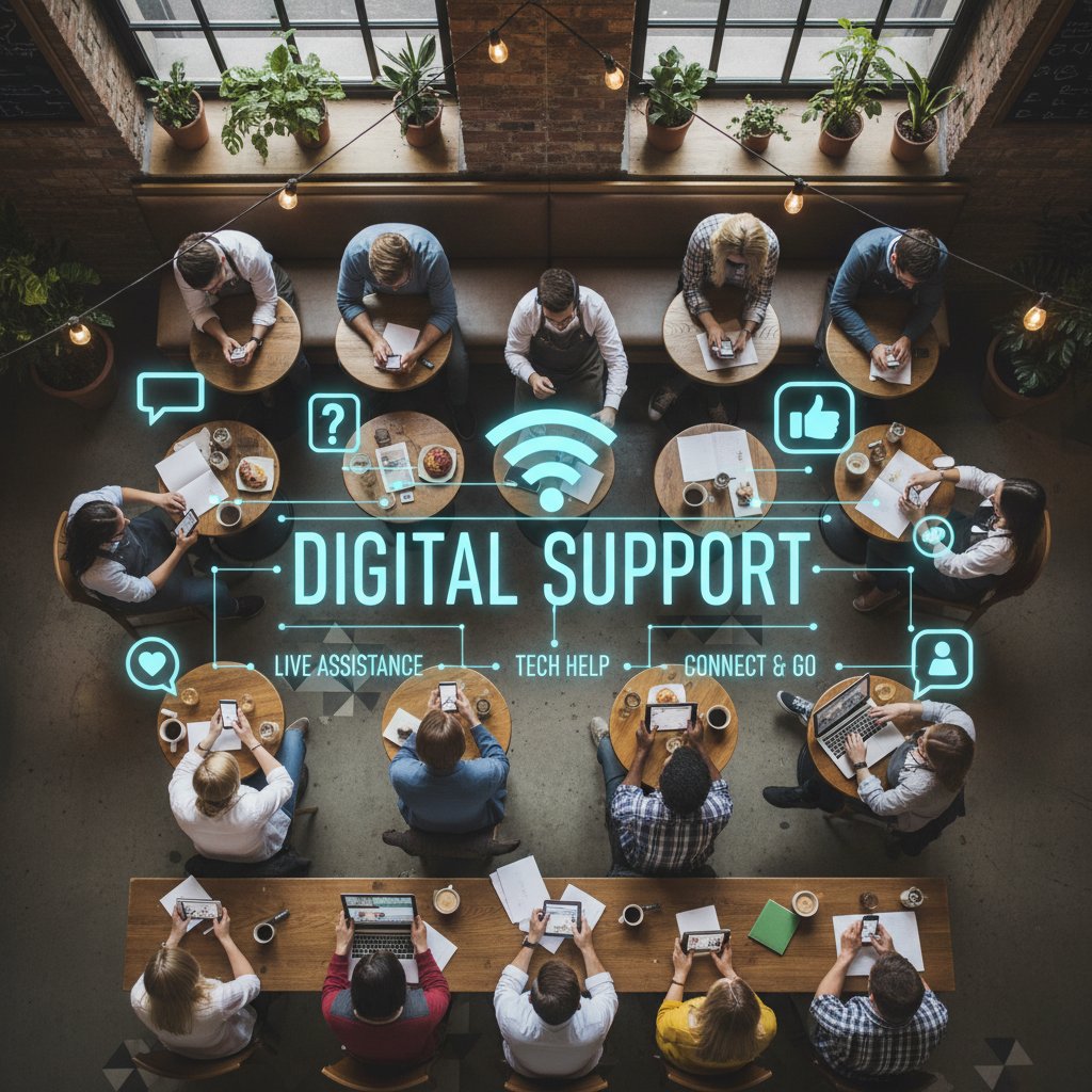 Ludzie w kawiarni korzystający z terapii online, każdy w swoim świecie.