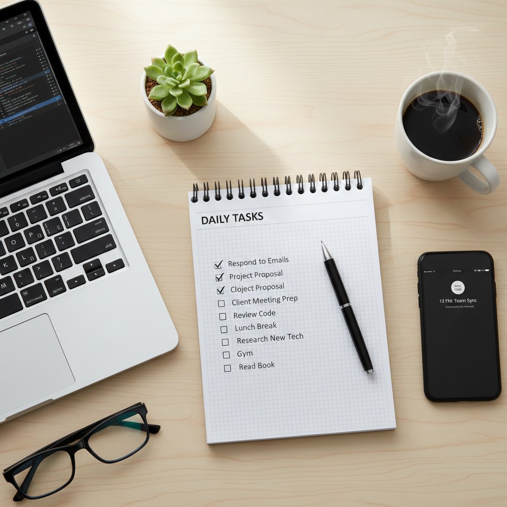 Checklisty i narzędzia do testowania AI – rzut z góry na laptop, telefon i checklistę na biurku