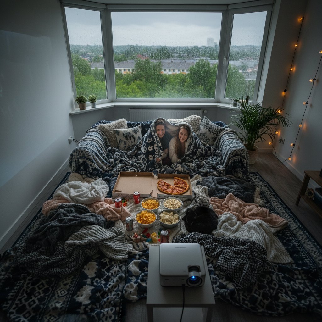 Overhead shot of a living room with blankets, snacks, projector, and rain visible through window for the perfect rainy day movie setup